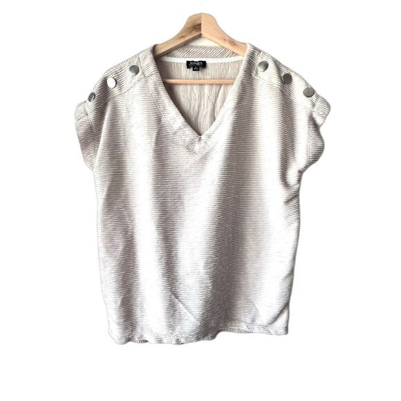 Women's short sleeve v-neck blouse cream casual comfort shoulder button size S - Picture 1 of 9